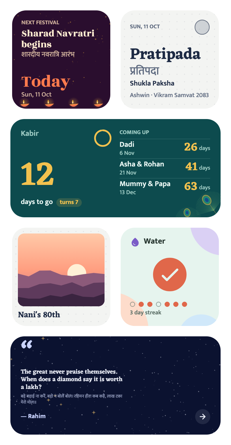 A home screen with Widgie widgets: next festival, today's tithi, a family birthday countdown, a framed photo, a habit tick and a bilingual quote
